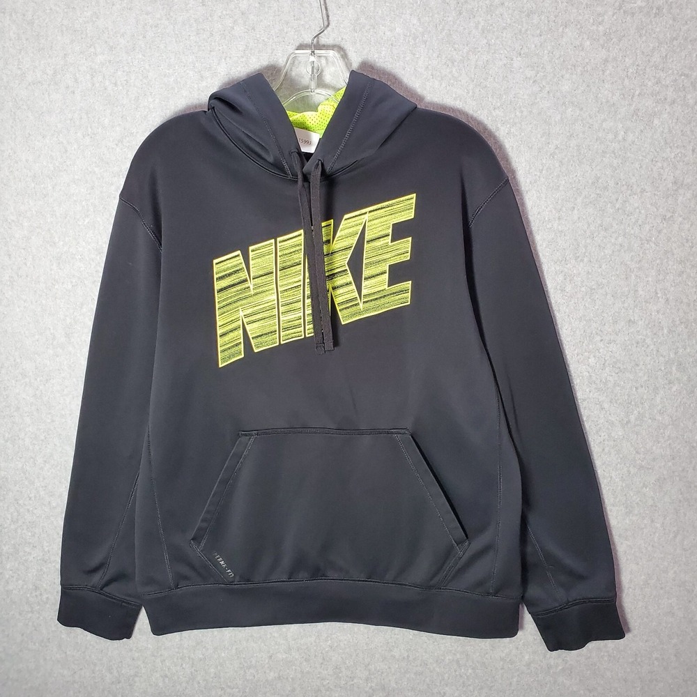 Nike Men Sweatshirt Medium Black Hoodie Logo Therma Fit Pockets Long Sleeve